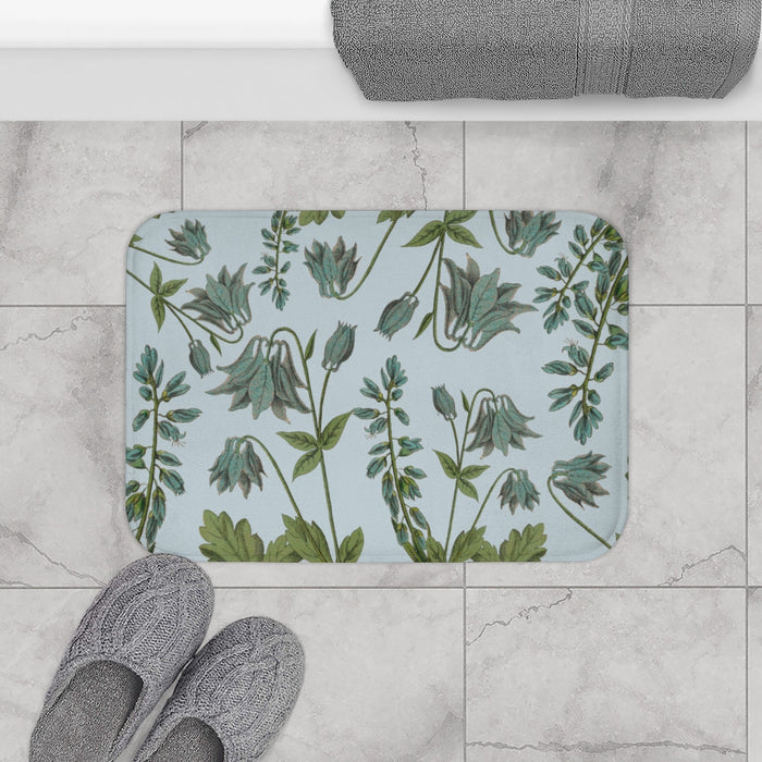Renew the Meaning of Bluebell Blossoms Bathroom Rug Home Decor: light blue, green botanical floral pattern, botanical illustr