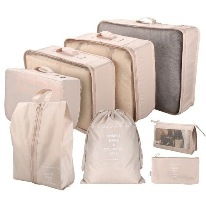 Rephrased Title: 
Set of 8 Waterproof Bags for Organizing and Storage: beige, cream travel packing organizer set, minimal sty