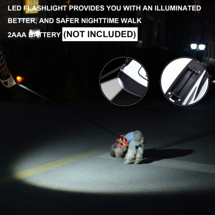 Retractable Canine Leash with Brilliant LED Torch: white, black retractable pet leash, modern minimal style