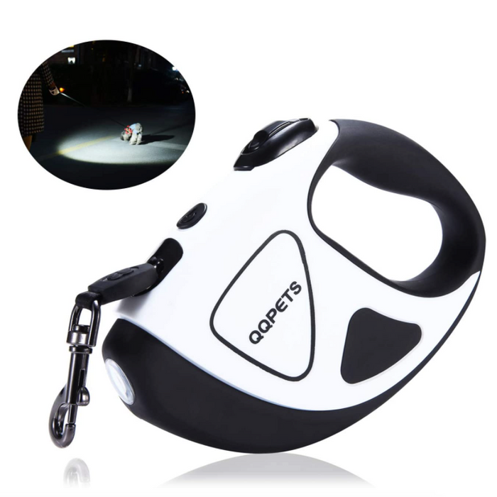 Retractable Canine Leash with Brilliant LED Torch: white, black retractable pet leash, modern minimal style