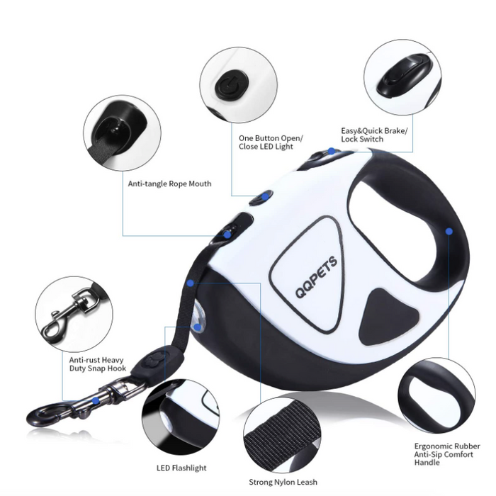 Retractable Canine Leash with Brilliant LED Torch: white, black retractable pet leash, modern minimal style