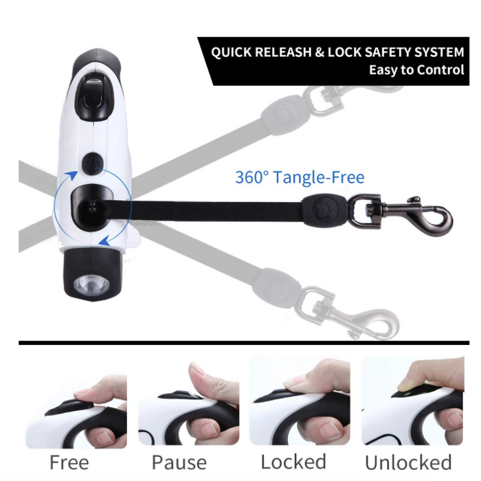 Retractable Canine Leash with Brilliant LED Torch: white, black retractable pet leash, modern minimal style