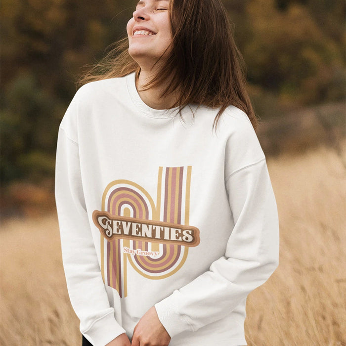 Retro 1970's Women's Crewneck Sweatshirt: white, mustard yellow seventies retro theme, retro 1970s graphic style