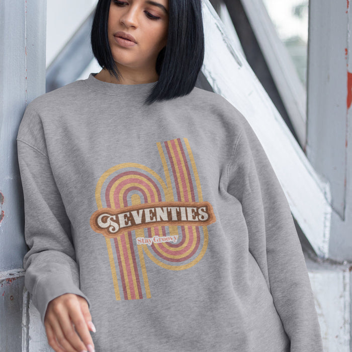 Retro 1970's Women's Crewneck Sweatshirt: white, mustard yellow seventies retro theme, retro 1970s graphic style
