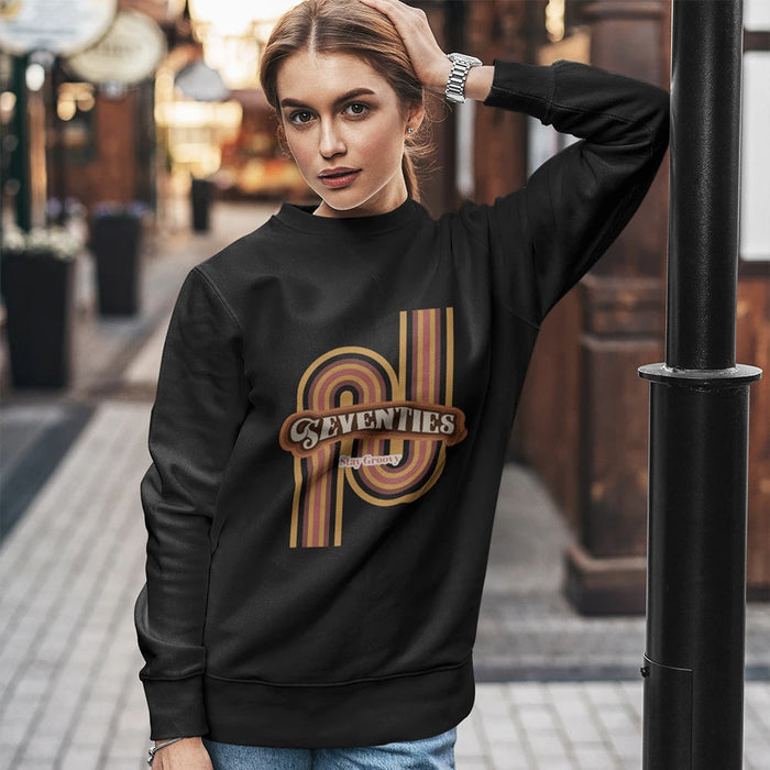 Retro 1970's Women's Crewneck Sweatshirt: white, mustard yellow seventies retro theme, retro 1970s graphic style