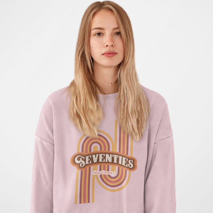 Retro 1970's Women's Crewneck Sweatshirt: white, mustard yellow seventies retro theme, retro 1970s graphic style