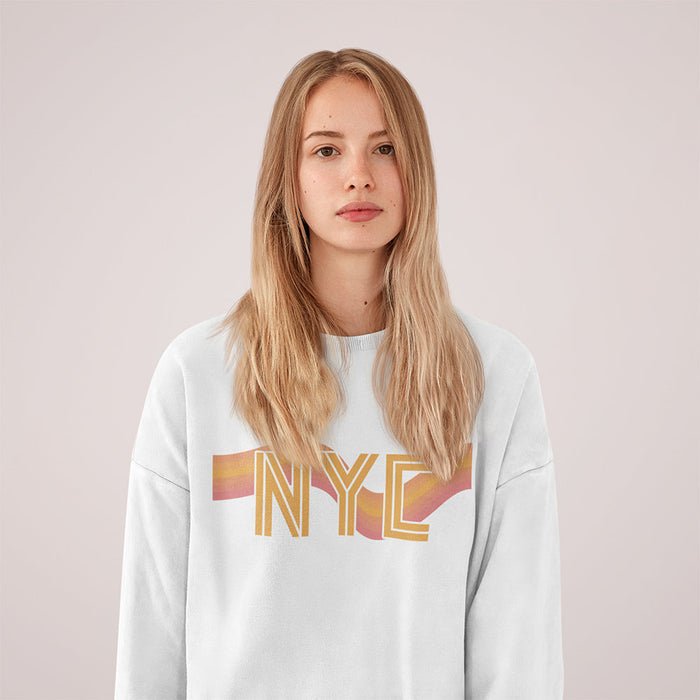 Retro 70's Crewneck Sweatshirt for Women in New York City Style: light gray, yellow NYC, casual graphic style