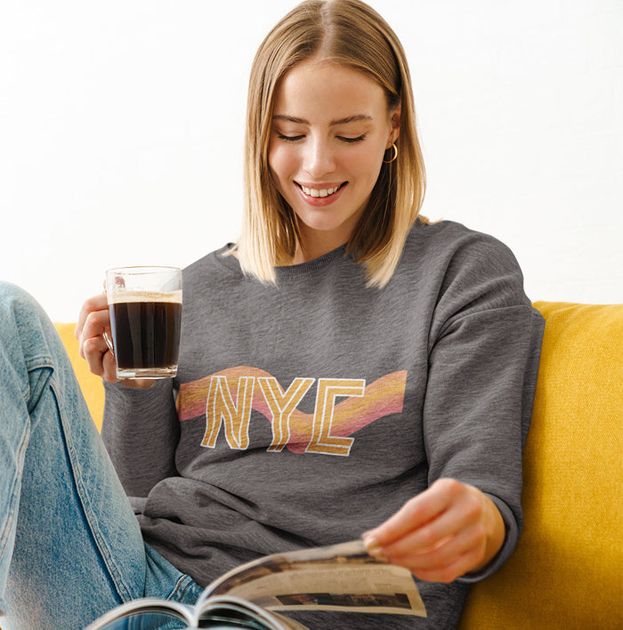 Retro 70's Crewneck Sweatshirt for Women in New York City Style: light gray, yellow NYC, casual graphic style