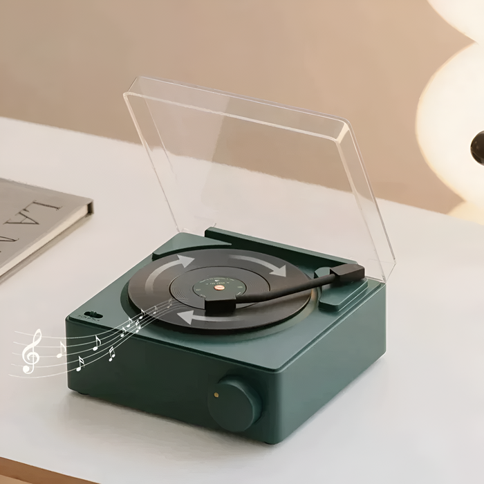 Retro Bluetooth Turntable Speaker with Alarm Clock Functionality: pale yellow, white turntable-style audio player with digita