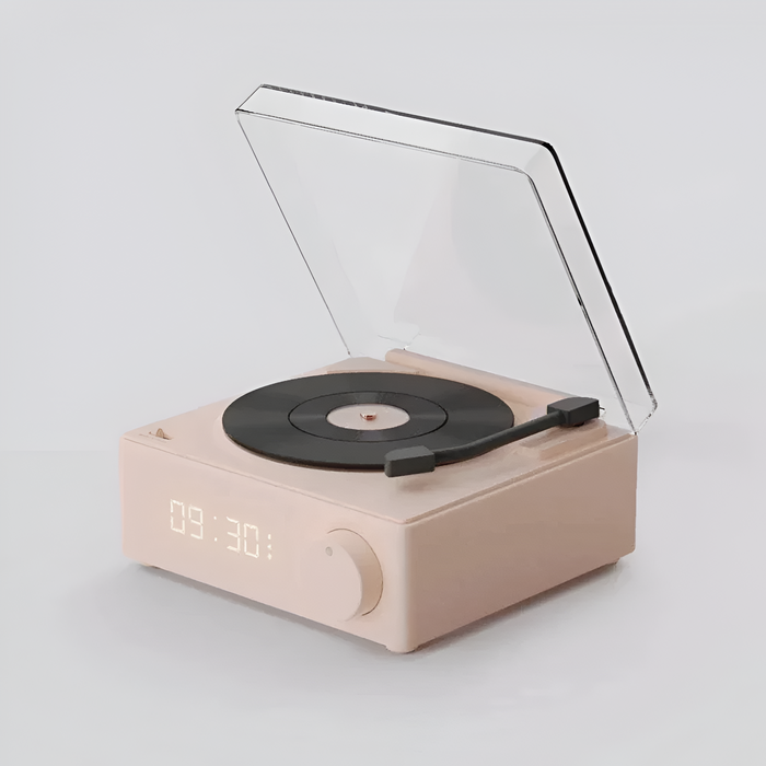 Retro Bluetooth Turntable Speaker with Alarm Clock Functionality: pale yellow, white turntable-style audio player with digita