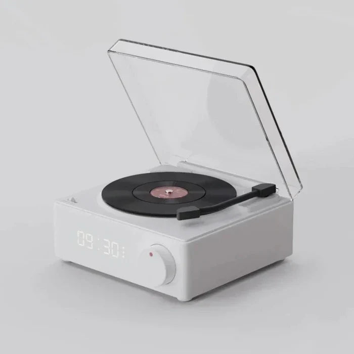 Retro Bluetooth Turntable Speaker with Alarm Clock Functionality: pale yellow, white turntable-style audio player with digita