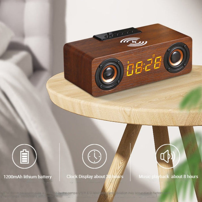 Retro-inspired Wooden Alarm Clock Radio with Wireless Charging and Bluetooth Speaker: dark brown, black desktop clock speaker