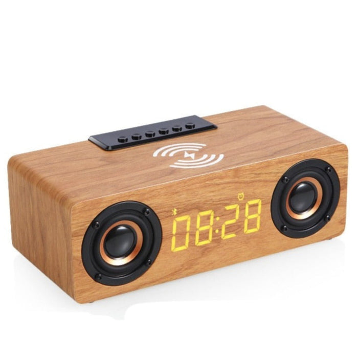 Retro-inspired Wooden Alarm Clock Radio with Wireless Charging and Bluetooth Speaker: dark brown, black desktop clock speaker