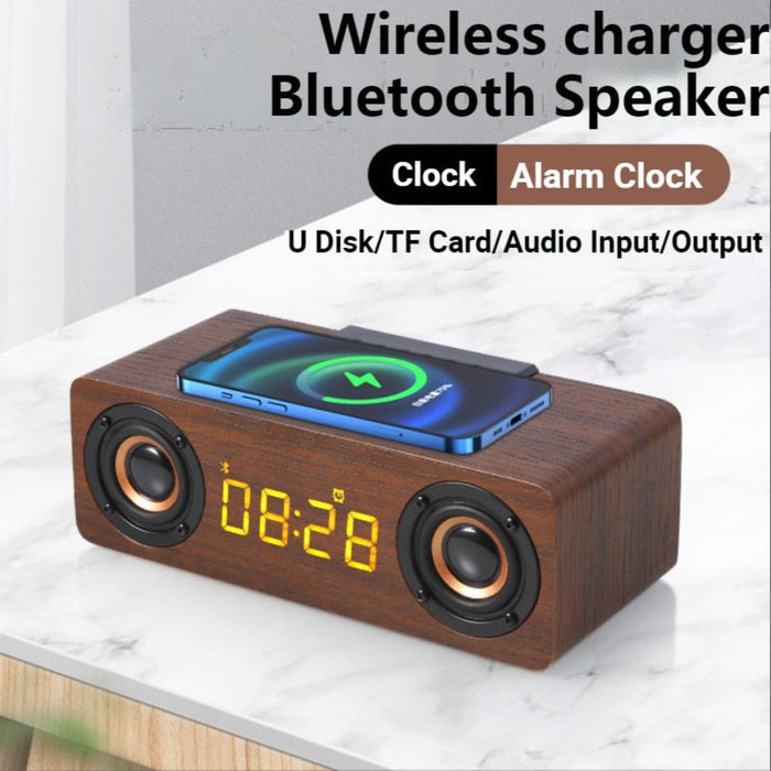 Retro-inspired Wooden Alarm Clock Radio with Wireless Charging and Bluetooth Speaker: dark brown, black desktop clock speaker
