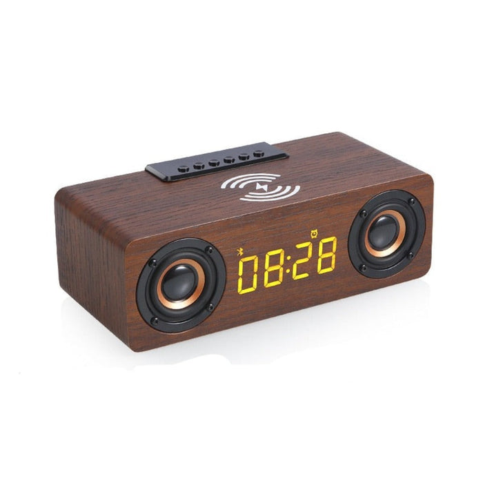 Retro-inspired Wooden Alarm Clock Radio with Wireless Charging and Bluetooth Speaker: dark brown, black desktop clock speaker
