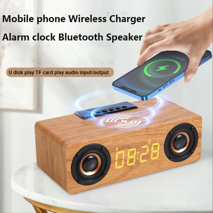 Retro-inspired Wooden Alarm Clock Radio with Wireless Charging and Bluetooth Speaker: dark brown, black desktop clock speaker
