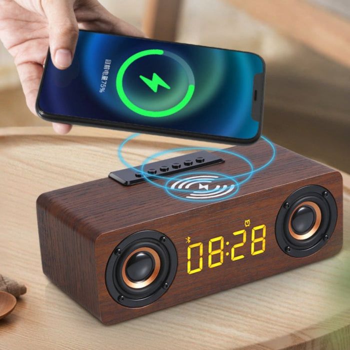 Retro-inspired Wooden Alarm Clock Radio with Wireless Charging and Bluetooth Speaker: dark brown, black desktop clock speaker