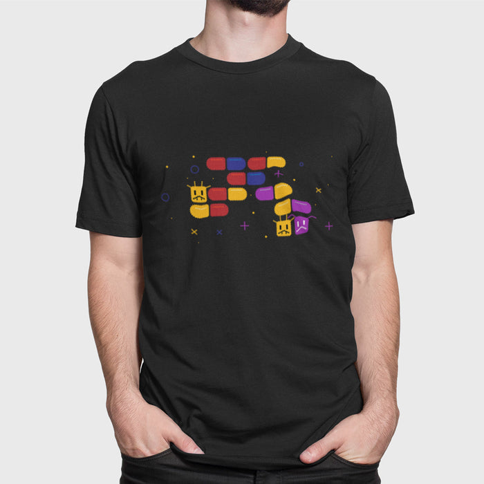Retro Logo Short Sleeve T-Shirt for Male Gamers: black, yellow abstract arcade/game-like graphic with small character faces