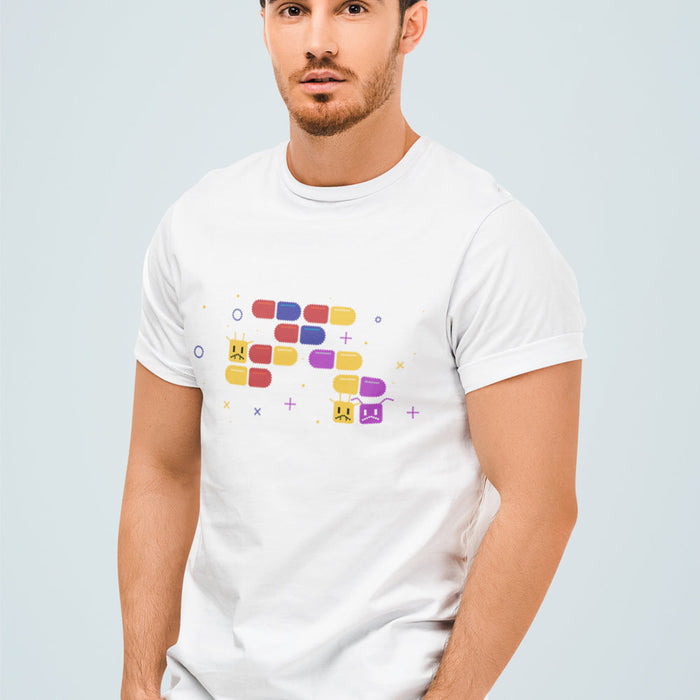 Retro Logo Short Sleeve T-Shirt for Male Gamers: black, yellow abstract arcade/game-like graphic with small character faces