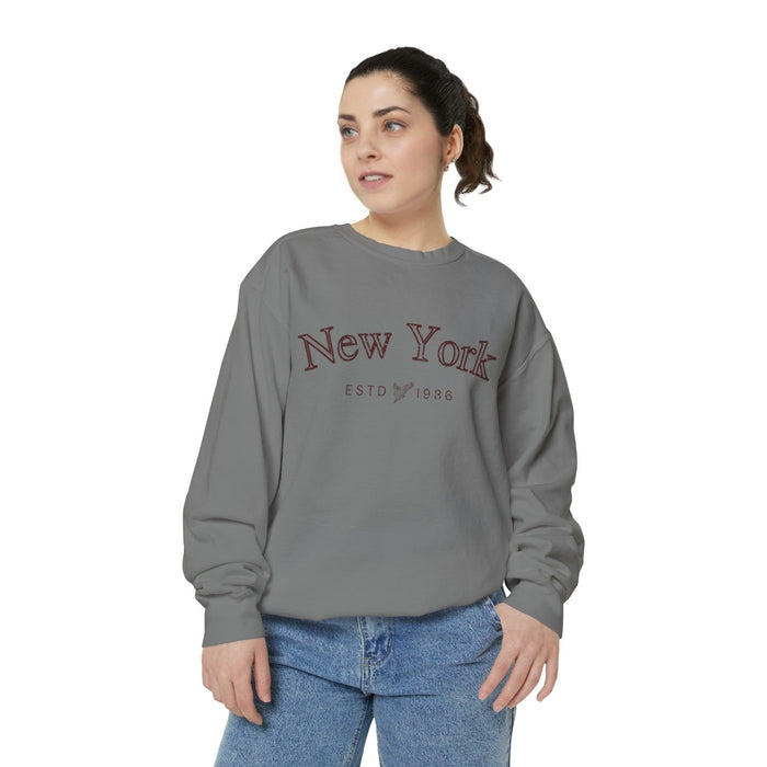 Retro New York Sweater: gray, burgundy crewneck sweatshirt, casual minimal graphic style