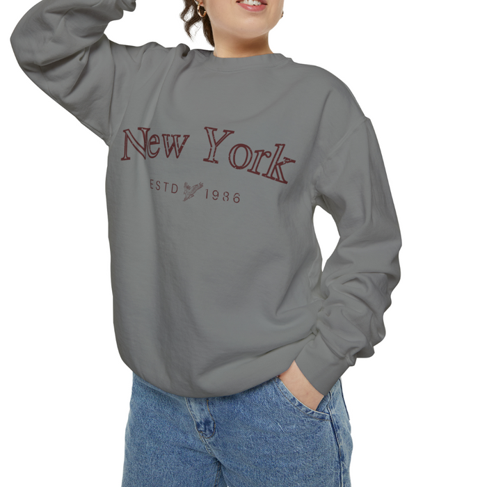 Retro New York Sweater: gray, burgundy crewneck sweatshirt, casual minimal graphic style