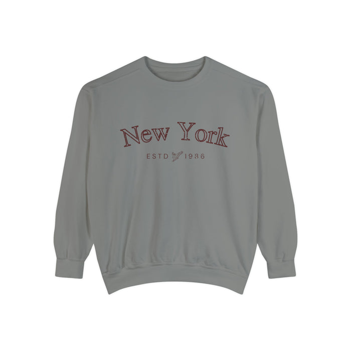 Retro New York Sweater: gray, burgundy crewneck sweatshirt, casual minimal graphic style