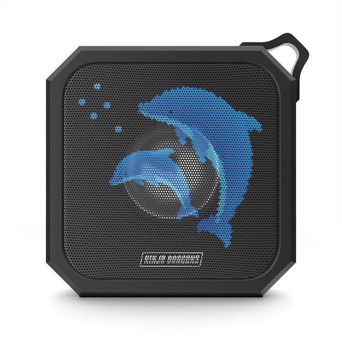 Retro Pixel Dolphin Ninja Waterproof Bluetooth Speaker: black, dark gray blue dolphin graphic, graphic, sporty style