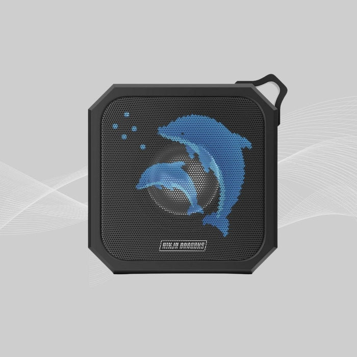 Retro Pixel Dolphin Ninja Waterproof Bluetooth Speaker: black, dark gray blue dolphin graphic, graphic, sporty style