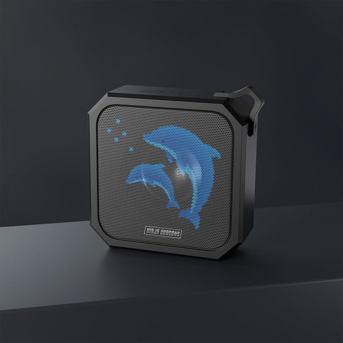 Retro Pixel Dolphin Ninja Waterproof Bluetooth Speaker: black, dark gray blue dolphin graphic, graphic, sporty style