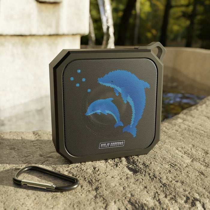 Retro Pixel Dolphin Ninja Waterproof Bluetooth Speaker: black, dark gray blue dolphin graphic, graphic, sporty style