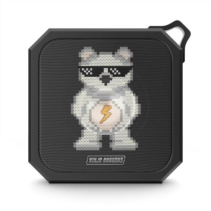 Retro Pixel Waterproof Bluetooth Speaker: Ninja Dragons Edition: black, dark gray cartoon bear character with sunglasses and
