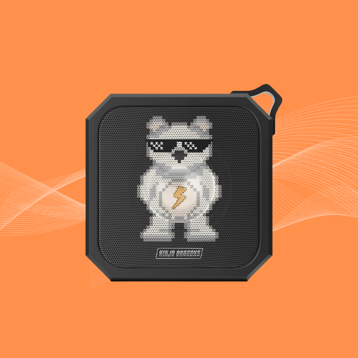 Retro Pixel Waterproof Bluetooth Speaker: Ninja Dragons Edition: black, dark gray cartoon bear character with sunglasses and