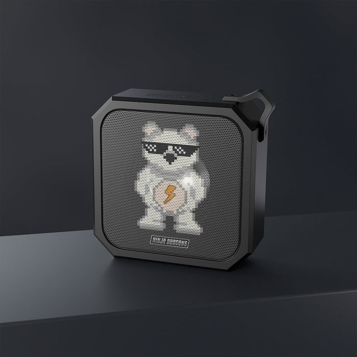 Retro Pixel Waterproof Bluetooth Speaker: Ninja Dragons Edition: black, dark gray cartoon bear character with sunglasses and