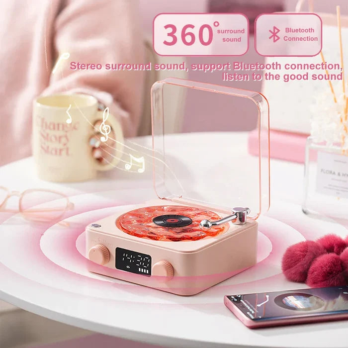 Retro Speaker with Waves Theme and Mini Bluetooth Connectivity: pink, rose gold portable turntable/record player, retro-moder