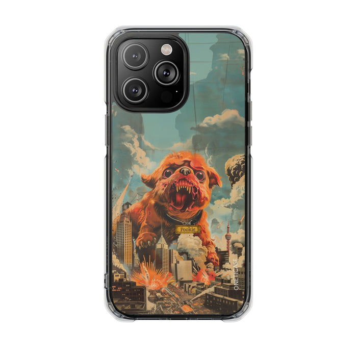 Reworked Title: Clear Magnetic Case with a Vintage Vibe for iPhone Models: transparent clear, black roaring dog/monster chara