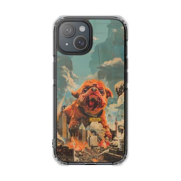 Reworked Title: Clear Magnetic Case with a Vintage Vibe for iPhone Models: transparent clear, black roaring dog/monster chara