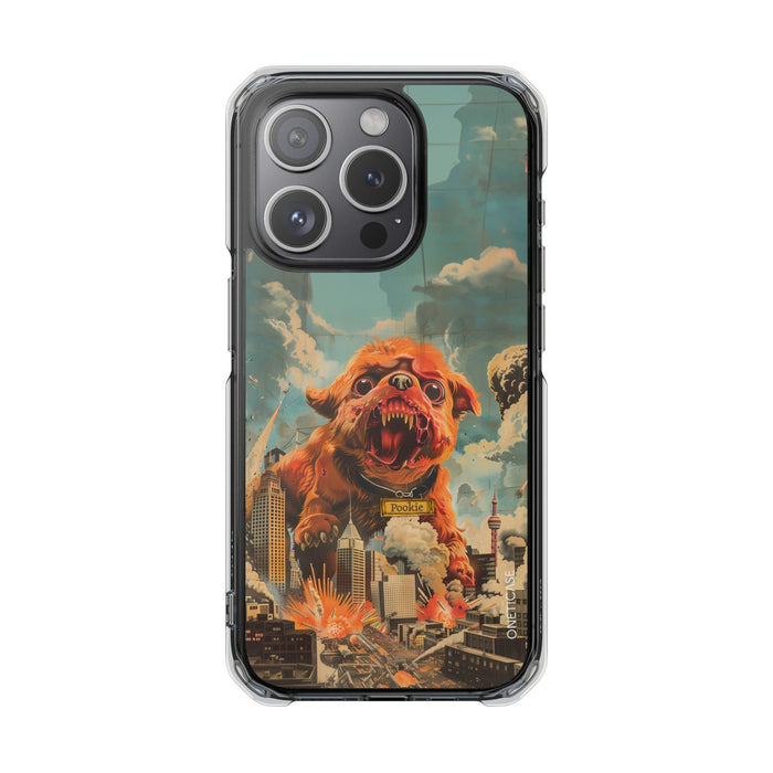 Reworked Title: Clear Magnetic Case with a Vintage Vibe for iPhone Models: transparent clear, black roaring dog/monster chara