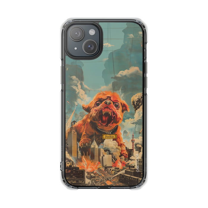Reworked Title: Clear Magnetic Case with a Vintage Vibe for iPhone Models: transparent clear, black roaring dog/monster chara