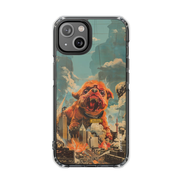 Reworked Title: Clear Magnetic Case with a Vintage Vibe for iPhone Models: transparent clear, black roaring dog/monster chara
