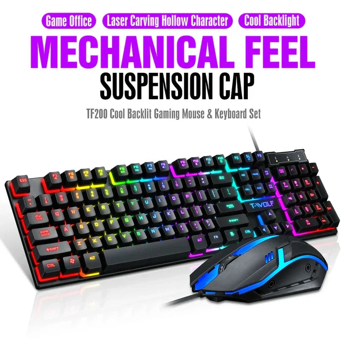 RGB Backlit Gaming Keyboard and Mouse Bundle with 104 Keys: black, rainbow RGB colors gaming keyboard and mouse set