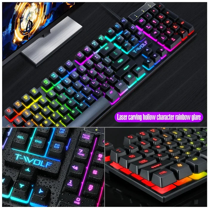 RGB Backlit Gaming Keyboard and Mouse Bundle with 104 Keys: black, rainbow RGB colors gaming keyboard and mouse set