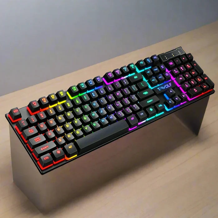 RGB Backlit Gaming Keyboard and Mouse Bundle with 104 Keys: black, rainbow RGB colors gaming keyboard and mouse set