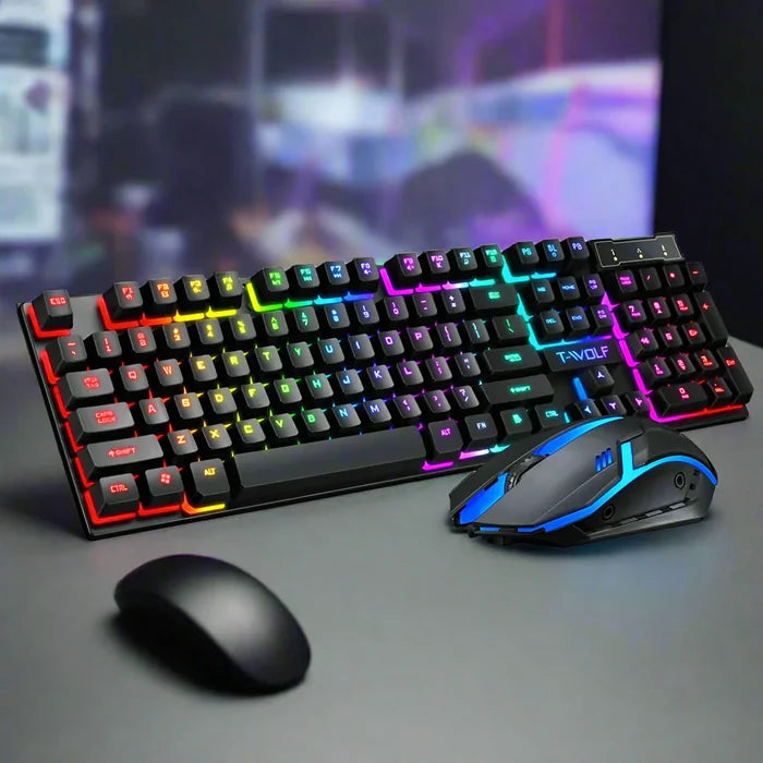 RGB Backlit Gaming Keyboard and Mouse Bundle with 104 Keys: black, rainbow RGB colors gaming keyboard and mouse set