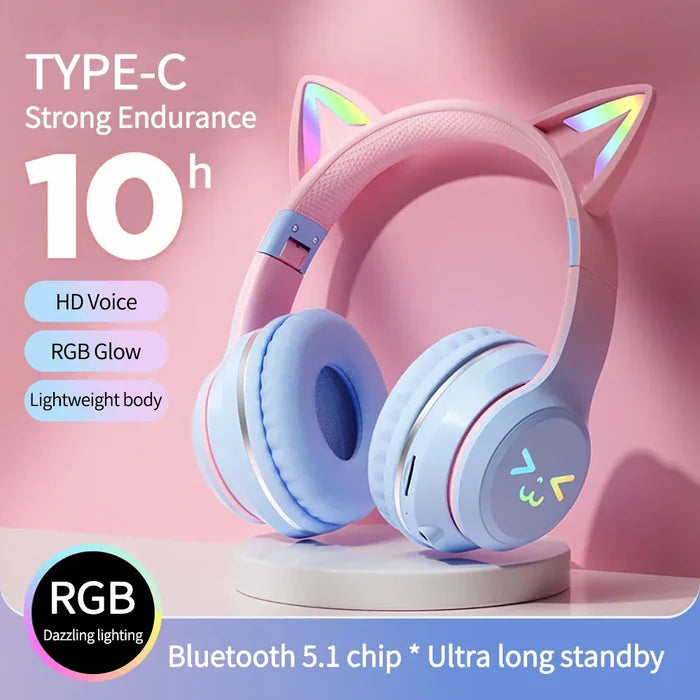 RGB Foldable Bluetooth Headphones with Cat Ear Design: pink, light blue cat-ear character/theme, kawaii cartoon style