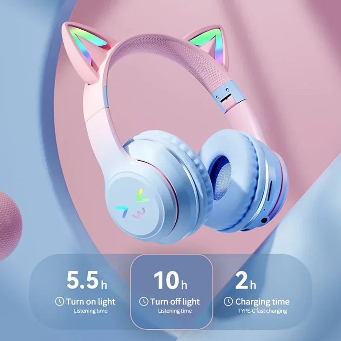 RGB Foldable Bluetooth Headphones with Cat Ear Design: pink, light blue cat-ear character/theme, kawaii cartoon style