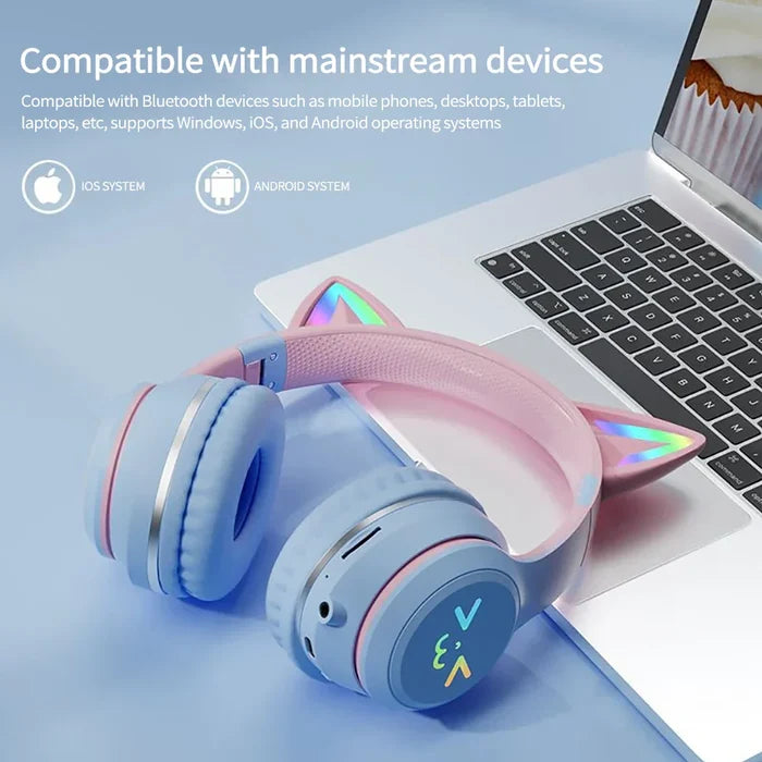 RGB Foldable Bluetooth Headphones with Cat Ear Design: pink, light blue cat-ear character/theme, kawaii cartoon style
