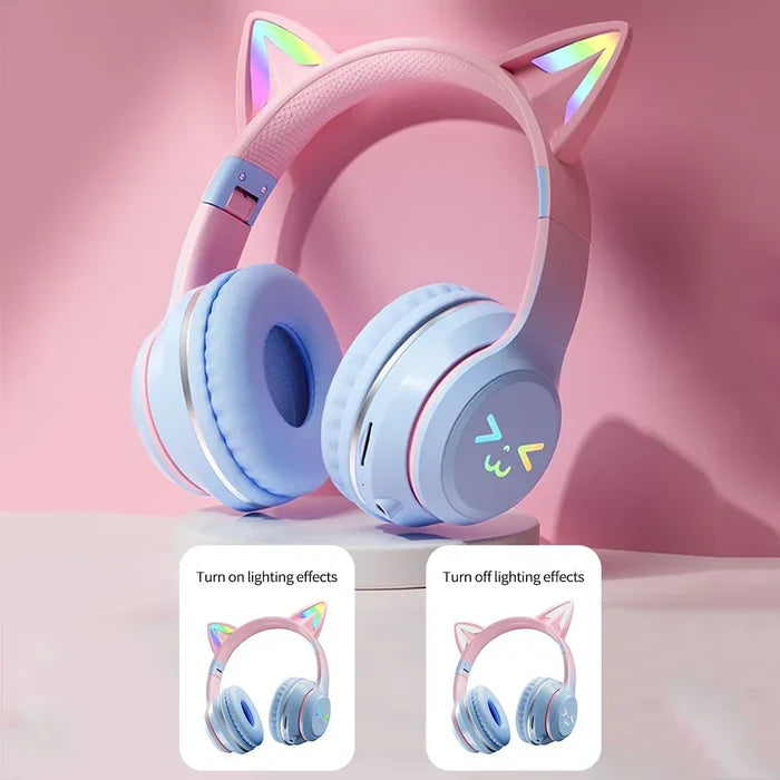 RGB Foldable Bluetooth Headphones with Cat Ear Design: pink, light blue cat-ear character/theme, kawaii cartoon style
