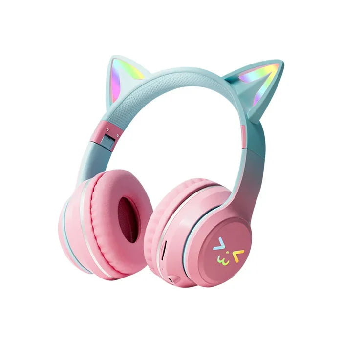 RGB Foldable Bluetooth Headphones with Cat Ear Design: pink, light blue cat-ear character/theme, kawaii cartoon style