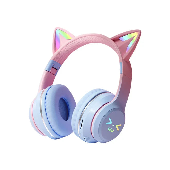 RGB Foldable Bluetooth Headphones with Cat Ear Design: pink, light blue cat-ear character/theme, kawaii cartoon style