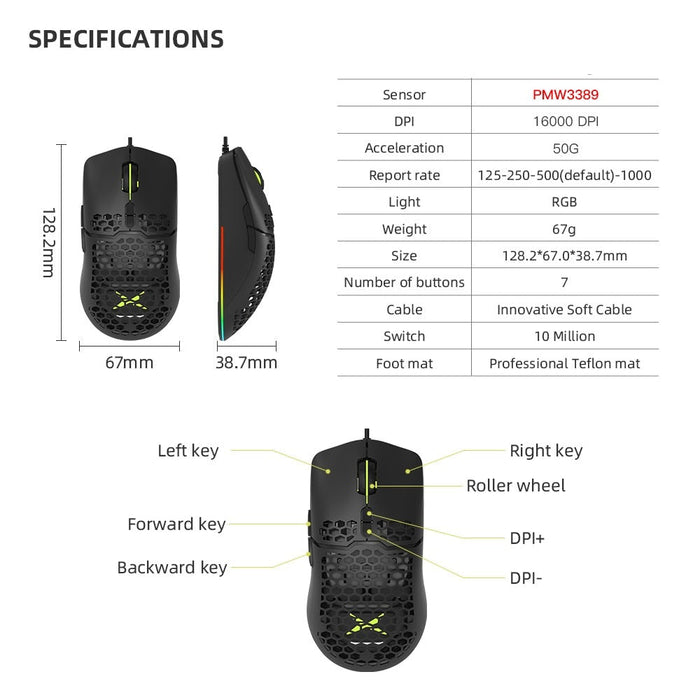 RGB Gaming Mouse with 16000 DPI Capability: black, neon green wired computer mouse, gaming, futuristic style
